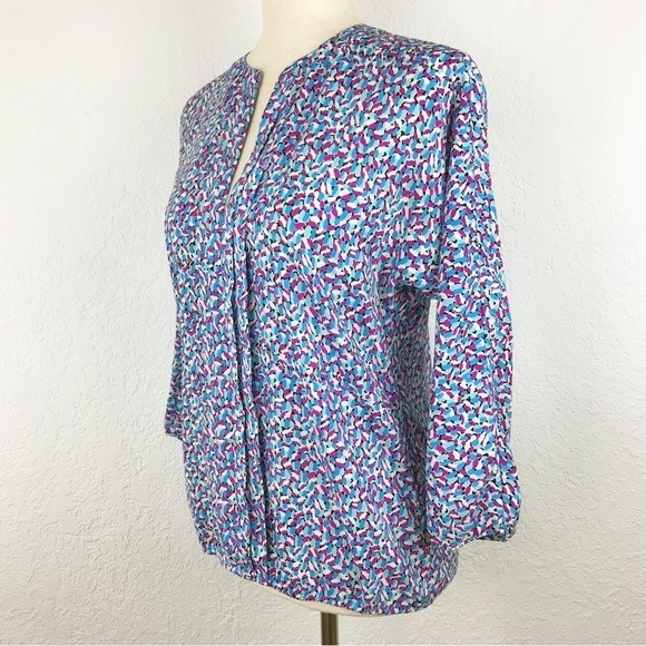 Ann Taylor Abstract Floral Colorful Blouse Jewel Tones Elastic Hem Cuffs V-Neck - Picture 2 of 16